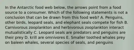 In the Antarctic food web below, the arrows point from a food source to a consumer. Which of the following statements is not a conclusion that can be drawn from this food web? A. Penguins, other birds, leopard seals, and elephant seals compete for fish B. Carnivorous zooplankton and herbivorous zooplankton interact mutualistically C. Leopard seals are predators and penguins are their prey D. krill are omnivores E. Smaller toothed whales prey on baleen whales, several species of seals, and penguins