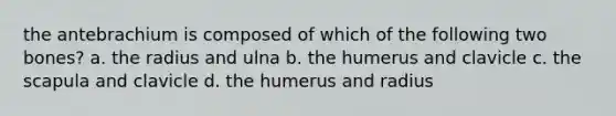 the antebrachium is composed of which of the following two bones? a. the radius and ulna b. the humerus and clavicle c. the scapula and clavicle d. the humerus and radius