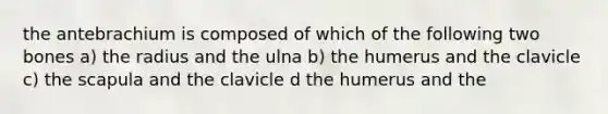 the antebrachium is composed of which of the following two bones a) the radius and the ulna b) the humerus and the clavicle c) the scapula and the clavicle d the humerus and the