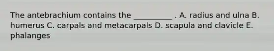 The antebrachium contains the __________ . A. radius and ulna B. humerus C. carpals and metacarpals D. scapula and clavicle E. phalanges