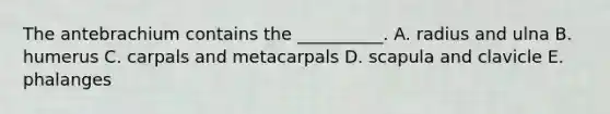 The antebrachium contains the __________. A. radius and ulna B. humerus C. carpals and metacarpals D. scapula and clavicle E. phalanges