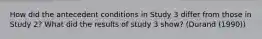 How did the antecedent conditions in Study 3 differ from those in Study 2? What did the results of study 3 show? (Durand (1990))