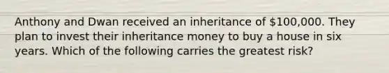 Anthony and Dwan received an inheritance of 100,000. They plan to invest their inheritance money to buy a house in six years. Which of the following carries the greatest risk?