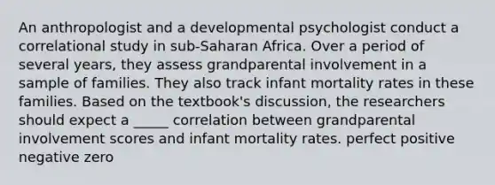 An anthropologist and a developmental psychologist conduct a correlational study in sub-Saharan Africa. Over a period of several years, they assess grandparental involvement in a sample of families. They also track infant mortality rates in these families. Based on the textbook's discussion, the researchers should expect a _____ correlation between grandparental involvement scores and infant mortality rates. perfect positive negative zero