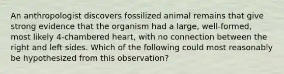 An anthropologist discovers fossilized animal remains that give strong evidence that the organism had a large, well-formed, most likely 4-chambered heart, with no connection between the right and left sides. Which of the following could most reasonably be hypothesized from this observation?