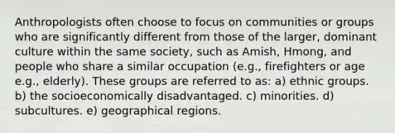 Anthropologists often choose to focus on communities or groups who are significantly different from those of the larger, dominant culture within the same society, such as Amish, Hmong, and people who share a similar occupation (e.g., firefighters or age e.g., elderly). These groups are referred to as: a) ethnic groups. b) the socioeconomically disadvantaged. c) minorities. d) subcultures. e) geographical regions.