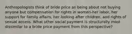 Anthropologists think of bride price as being about not buying anyone but compensation for rights in women-her labor, her support for family affairs, her looking after children, and rights of sexual access. What other social payment is structurally most dissimilar to a bride price payment from this perspective?