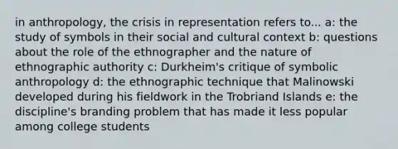 in anthropology, the crisis in representation refers to... a: the study of symbols in their social and cultural context b: questions about the role of the ethnographer and the nature of ethnographic authority c: Durkheim's critique of symbolic anthropology d: the ethnographic technique that Malinowski developed during his fieldwork in the Trobriand Islands e: the discipline's branding problem that has made it less popular among college students