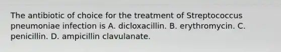 The antibiotic of choice for the treatment of Streptococcus pneumoniae infection is A. dicloxacillin. B. erythromycin. C. penicillin. D. ampicillin clavulanate.