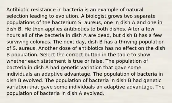 Antibiotic resistance in bacteria is an example of natural selection leading to evolution. A biologist grows two separate populations of the bacterium S. aureus, one in dish A and one in dish B. He then applies antibiotics to both dishes. After a few hours all of the bacteria in dish A are dead, but dish B has a few surviving colonies. The next day, dish B has a thriving population of S. aureus. Another dose of antibiotics has no effect on the dish B population. Select the correct button in the table to show whether each statement is true or false. The population of bacteria in dish A had genetic variation that gave some individuals an adaptive advantage. The population of bacteria in dish B evolved. The population of bacteria in dish B had genetic variation that gave some individuals an adaptive advantage. The population of bacteria in dish A evolved.