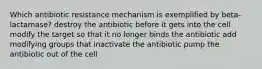 Which antibiotic resistance mechanism is exemplified by beta-lactamase? destroy the antibiotic before it gets into the cell modify the target so that it no longer binds the antibiotic add modifying groups that inactivate the antibiotic pump the antibiotic out of the cell