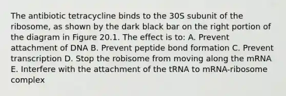 The antibiotic tetracycline binds to the 30S subunit of the ribosome, as shown by the dark black bar on the right portion of the diagram in Figure 20.1. The effect is to: A. Prevent attachment of DNA B. Prevent peptide bond formation C. Prevent transcription D. Stop the robisome from moving along the mRNA E. Interfere with the attachment of the tRNA to mRNA-ribosome complex