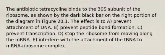 The antibiotic tetracycline binds to the 30S subunit of the ribosome, as shown by the dark black bar on the right portion of the diagram in Figure 20.1. The effect is to A) prevent attachment of DNA. B) prevent peptide bond formation. C) prevent transcription. D) stop the ribosome from moving along the mRNA. E) interfere with the attachment of the tRNA to mRNA-ribosome complex.