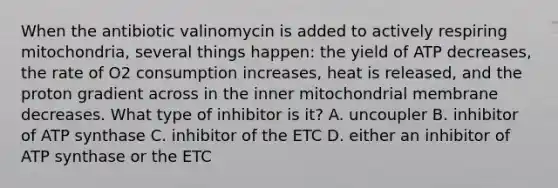 When the antibiotic valinomycin is added to actively respiring mitochondria, several things happen: the yield of ATP decreases, the rate of O2 consumption increases, heat is released, and the proton gradient across in the inner mitochondrial membrane decreases. What type of inhibitor is it? A. uncoupler B. inhibitor of ATP synthase C. inhibitor of the ETC D. either an inhibitor of ATP synthase or the ETC