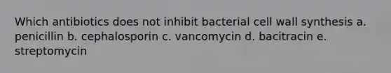 Which antibiotics does not inhibit bacterial cell wall synthesis a. penicillin b. cephalosporin c. vancomycin d. bacitracin e. streptomycin