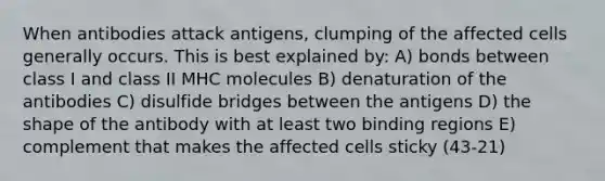 When antibodies attack antigens, clumping of the affected cells generally occurs. This is best explained by: A) bonds between class I and class II MHC molecules B) denaturation of the antibodies C) disulfide bridges between the antigens D) the shape of the antibody with at least two binding regions E) complement that makes the affected cells sticky (43-21)