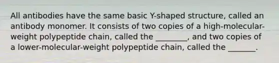 All antibodies have the same basic Y-shaped structure, called an antibody monomer. It consists of two copies of a high-molecular-weight polypeptide chain, called the ________, and two copies of a lower-molecular-weight polypeptide chain, called the _______.