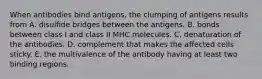 When antibodies bind antigens, the clumping of antigens results from A. disulfide bridges between the antigens. B. bonds between class I and class II MHC molecules. C. denaturation of the antibodies. D. complement that makes the affected cells sticky. E. the multivalence of the antibody having at least two binding regions.