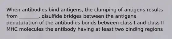 When antibodies bind antigens, the clumping of antigens results from ________. disulfide bridges between the antigens denaturation of the antibodies bonds between class I and class II MHC molecules the antibody having at least two binding regions