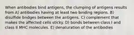 When antibodies bind antigens, the clumping of antigens results from A) antibodies having at least two binding regions. B) disulfide bridges between the antigens. C) complement that makes the affected cells sticky. D) bonds between class I and class II MHC molecules. E) denaturation of the antibodies