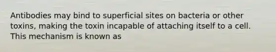 Antibodies may bind to superficial sites on bacteria or other toxins, making the toxin incapable of attaching itself to a cell. This mechanism is known as