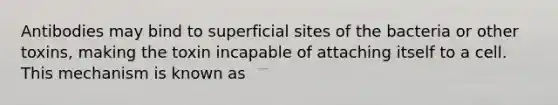 Antibodies may bind to superficial sites of the bacteria or other toxins, making the toxin incapable of attaching itself to a cell. This mechanism is known as