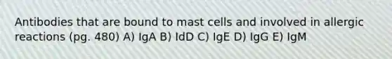 Antibodies that are bound to mast cells and involved in allergic reactions (pg. 480) A) IgA B) IdD C) IgE D) IgG E) IgM