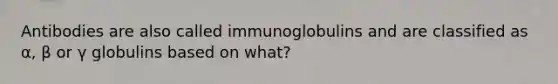 Antibodies are also called immunoglobulins and are classified as α, β or γ globulins based on what?