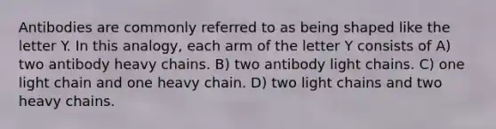 Antibodies are commonly referred to as being shaped like the letter Y. In this analogy, each arm of the letter Y consists of A) two antibody heavy chains. B) two antibody light chains. C) one light chain and one heavy chain. D) two light chains and two heavy chains.