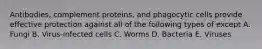 Antibodies, complement proteins, and phagocytic cells provide effective protection against all of the following types of except A. Fungi B. Virus-infected cells C. Worms D. Bacteria E. Viruses