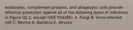 Antibodies, complement proteins, and phagocytic cells provide effective protection against all of the following types of infections in Figure Q2.1, except (SEE FIGURE): A. Fungi B. Virus-infected cell C. Worms D. Bacteria E. Viruses