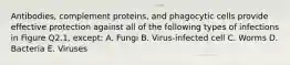 Antibodies, complement proteins, and phagocytic cells provide effective protection against all of the following types of infections in Figure Q2.1, except: A. Fungi B. Virus-infected cell C. Worms D. Bacteria E. Viruses