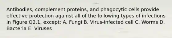 Antibodies, complement proteins, and phagocytic cells provide effective protection against all of the following types of infections in Figure Q2.1, except: A. Fungi B. Virus-infected cell C. Worms D. Bacteria E. Viruses