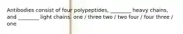 Antibodies consist of four polypeptides, ________ heavy chains, and ________ light chains. one / three two / two four / four three / one