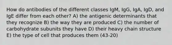 How do antibodies of the different classes IgM, IgG, IgA, IgD, and IgE differ from each other? A) the antigenic determinants that they recognize B) the way they are produced C) the number of carbohydrate subunits they have D) their heavy chain structure E) the type of cell that produces them (43-20)