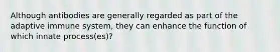 Although antibodies are generally regarded as part of the adaptive immune system, they can enhance the function of which innate process(es)?