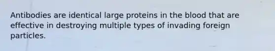 Antibodies are identical large proteins in the blood that are effective in destroying multiple types of invading foreign particles.