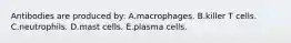 Antibodies are produced by: A.macrophages. B.killer T cells. C.neutrophils. D.mast cells. E.plasma cells.