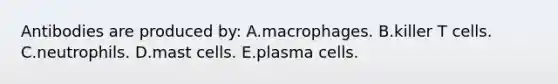 Antibodies are produced by: A.macrophages. B.killer T cells. C.neutrophils. D.mast cells. E.plasma cells.