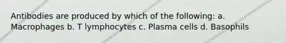 Antibodies are produced by which of the following: a. Macrophages b. T lymphocytes c. Plasma cells d. Basophils