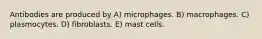 Antibodies are produced by A) microphages. B) macrophages. C) plasmocytes. D) fibroblasts. E) mast cells.