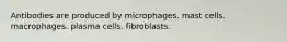 Antibodies are produced by microphages. mast cells. macrophages. plasma cells. fibroblasts.