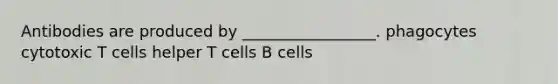 Antibodies are produced by _________________. phagocytes cytotoxic T cells helper T cells B cells