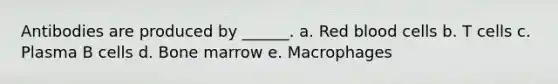 Antibodies are produced by ______. a. Red blood cells b. T cells c. Plasma B cells d. Bone marrow e. Macrophages