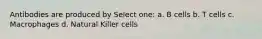 Antibodies are produced by Select one: a. B cells b. T cells c. Macrophages d. Natural Killer cells