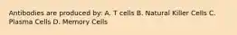 Antibodies are produced by: A. T cells B. Natural Killer Cells C. Plasma Cells D. Memory Cells