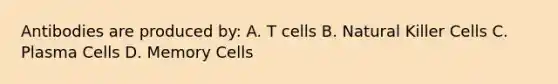 Antibodies are produced by: A. T cells B. Natural Killer Cells C. Plasma Cells D. Memory Cells