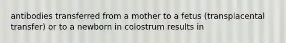 antibodies transferred from a mother to a fetus (transplacental transfer) or to a newborn in colostrum results in