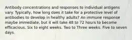 Antibody concentrations and responses to individual antigens vary. Typically, how long does it take for a protective level of antibodies to develop in healthy adults? An immune response maybe immediate, but it will take 48 to 72 hours to become efficacious. Six to eight weeks. Two to Three weeks. Five to seven days.