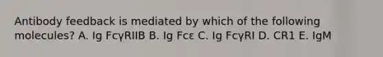 Antibody feedback is mediated by which of the following molecules? A. Ig FcγRIIB B. Ig Fcε C. Ig FcγRI D. CR1 E. IgM